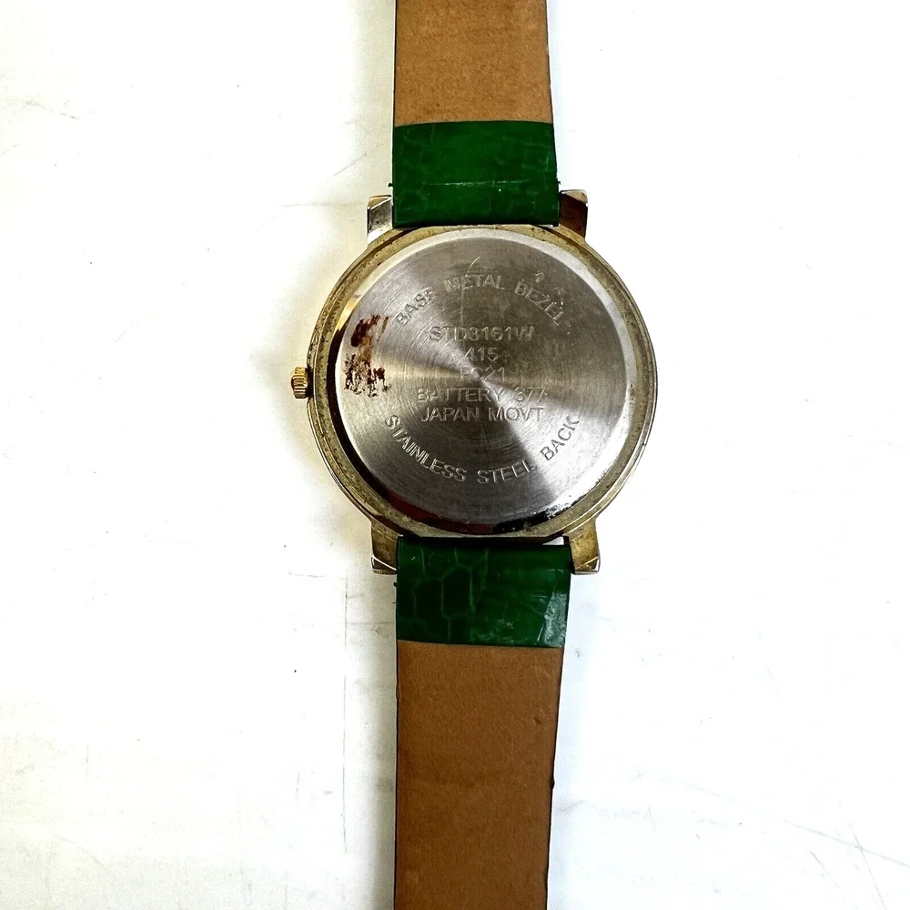 Studio Time Quartz Watch Green Band Rhinestone Gold Modern Fashion Wristwatch